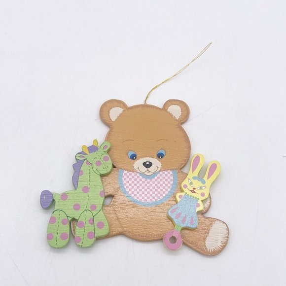 Vintage Wooden Teddy Bear Oranament Holding Rattle Horse Pastel Colors 4" Taiwan - Picture 6 of 8